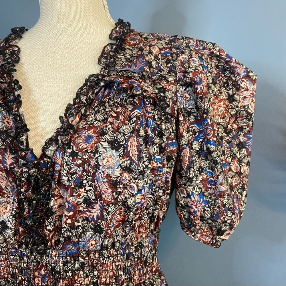 INA Dark Floral Puffy Short Sleeve Smocked Tiered Mini Dress - Picture 5 of 13